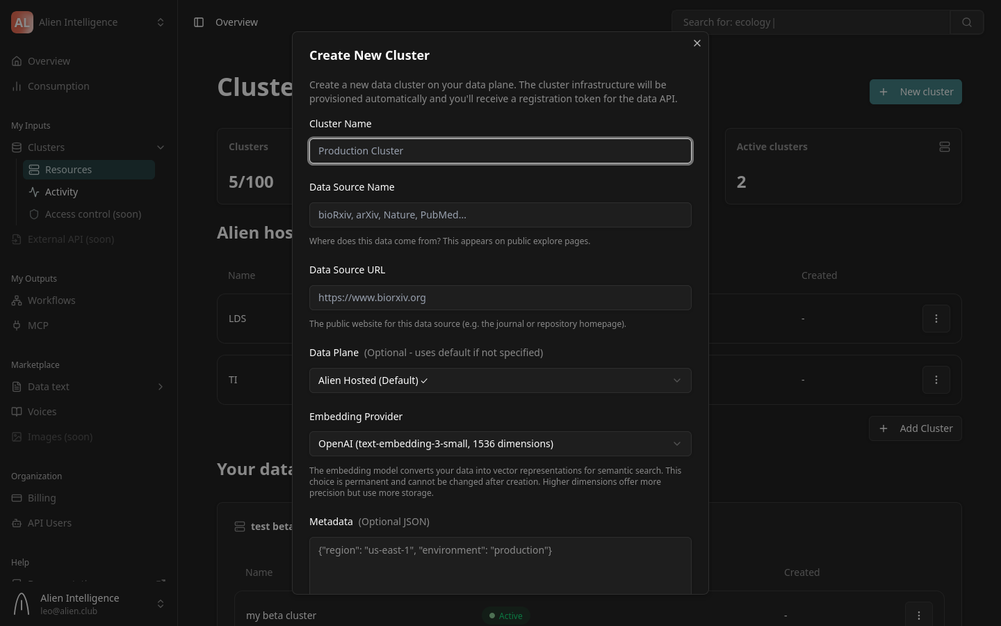 Cluster creation form