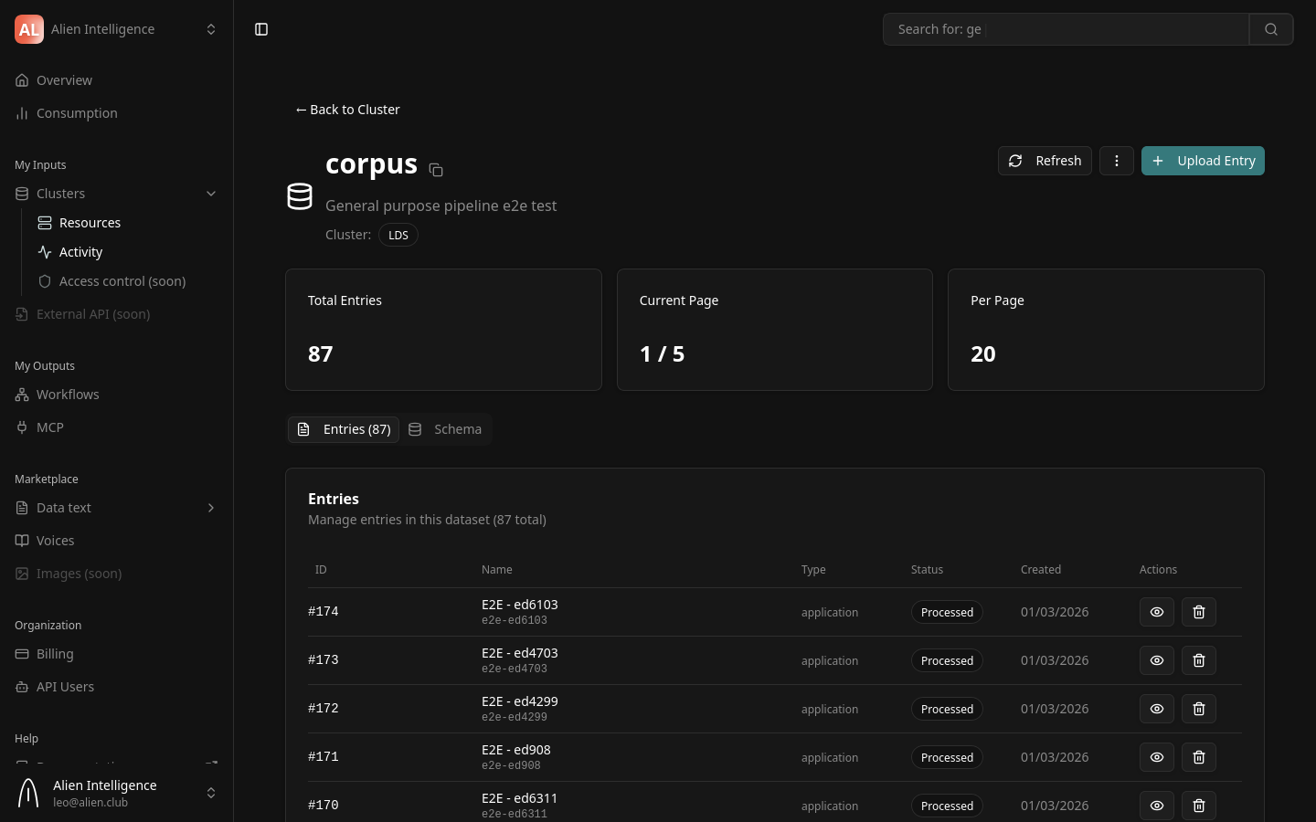 Dataset detail page showing entries list