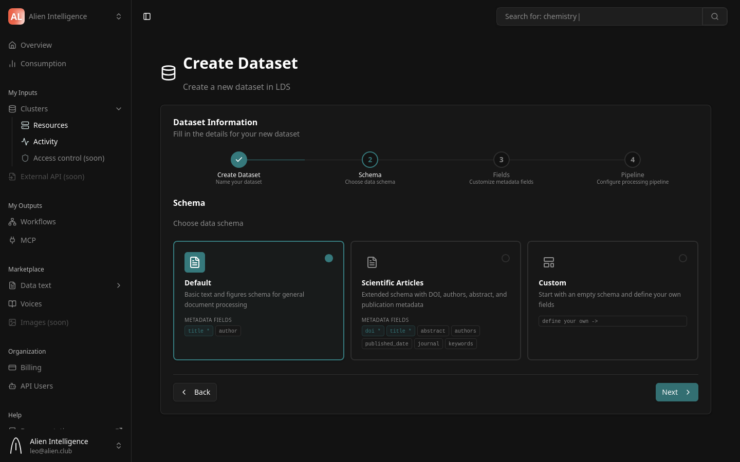 Dataset wizard step 2 — schema preset selection