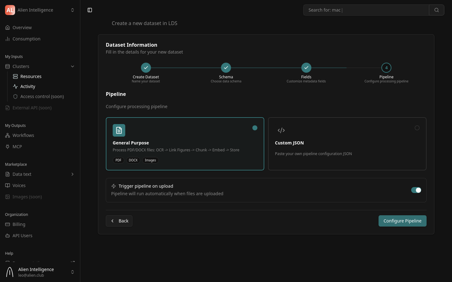 Dataset wizard step 4 — pipeline preset selection
