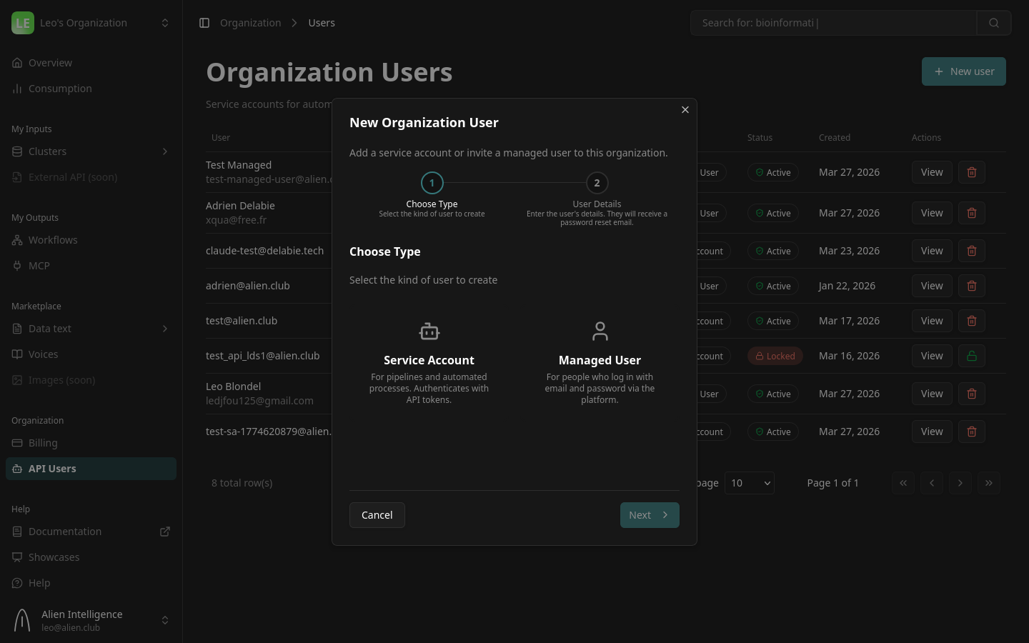New user wizard — Step 1: Choose Type