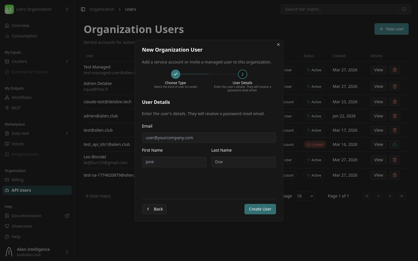 New user wizard — Step 2: Managed User form