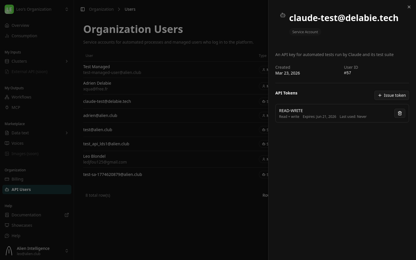 Service account detail panel with token management